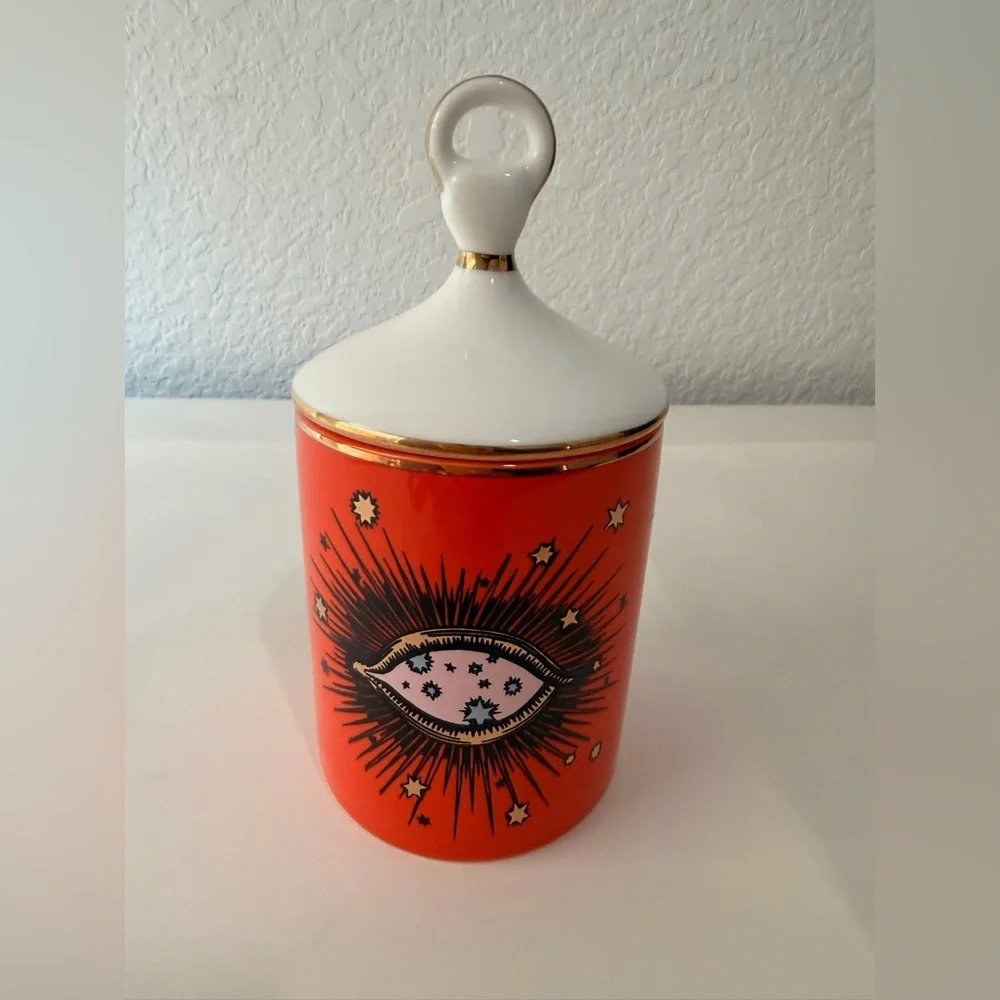 Whimsical Goth Evil Eye small Ceramic Jar Orange White Gold Eclectic Decor